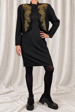 1980s Orlando Rossi Black Wool Dress & Gold Embroidered Jacket Set – Size L